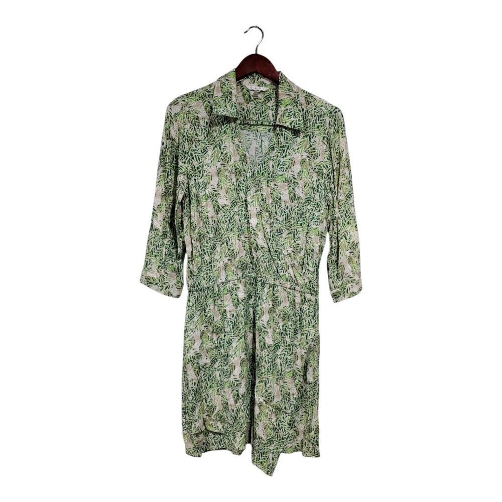 CAbi Womens Green Floral Leaf Print Shirt Dress Faux Wrap V-Neck 3/4 Sleeve Sz S